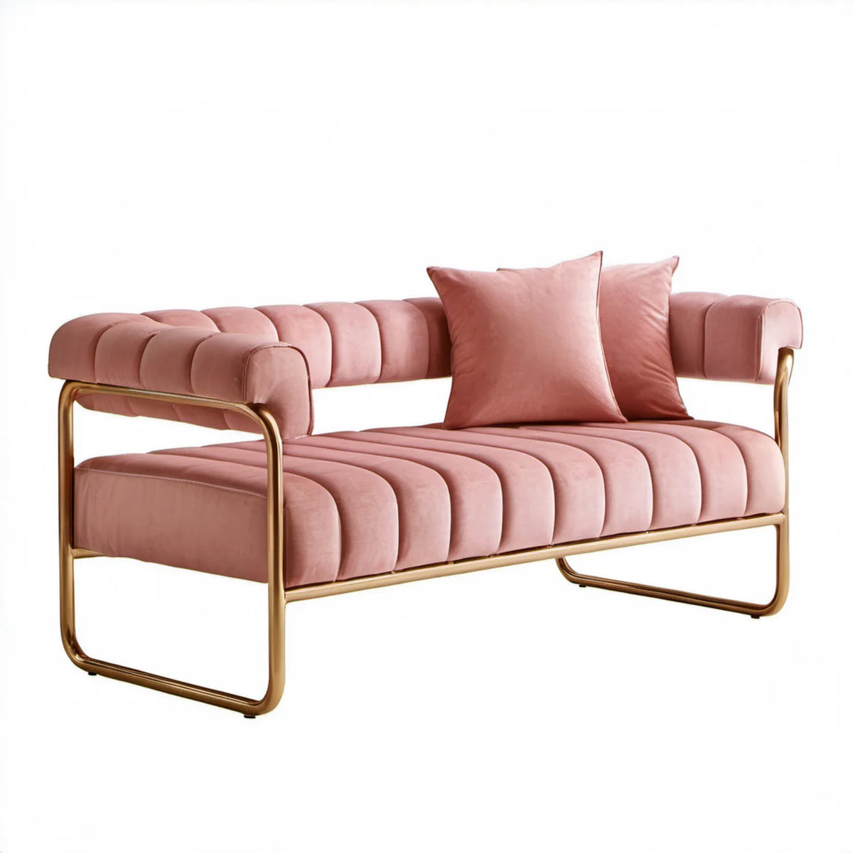 Różowa dwuosobowa sofa aksamitna ze złotą stalową podstawą, 160 x 75 x 78 cm
