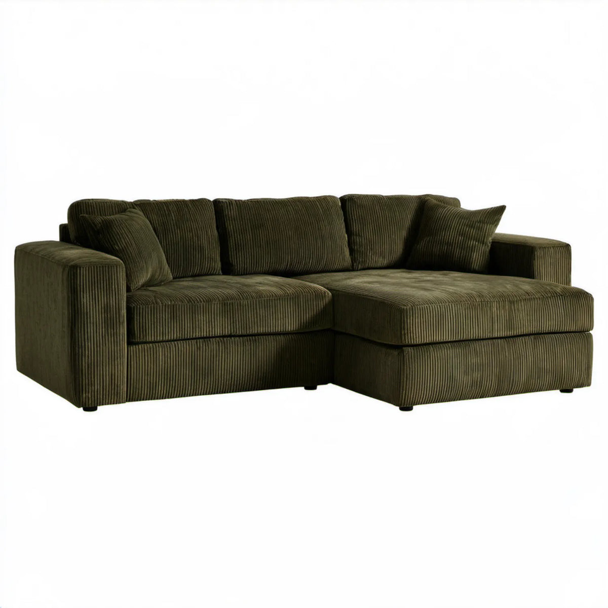 Oliwkowa sofa narożna 3-osobowa z prawym szezlongiem ze sztruksu 250 x 160 x 85 cm