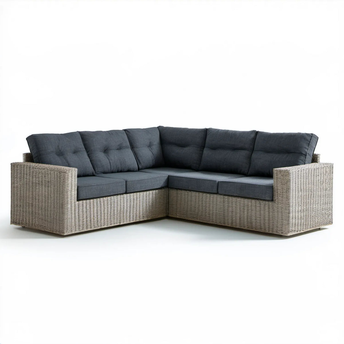 Narożna sofa ogrodowa z technorattanu PE w kształcie L, szarobeżowa z grafitowymi poduszkami, 230 x 230 x 85 cm