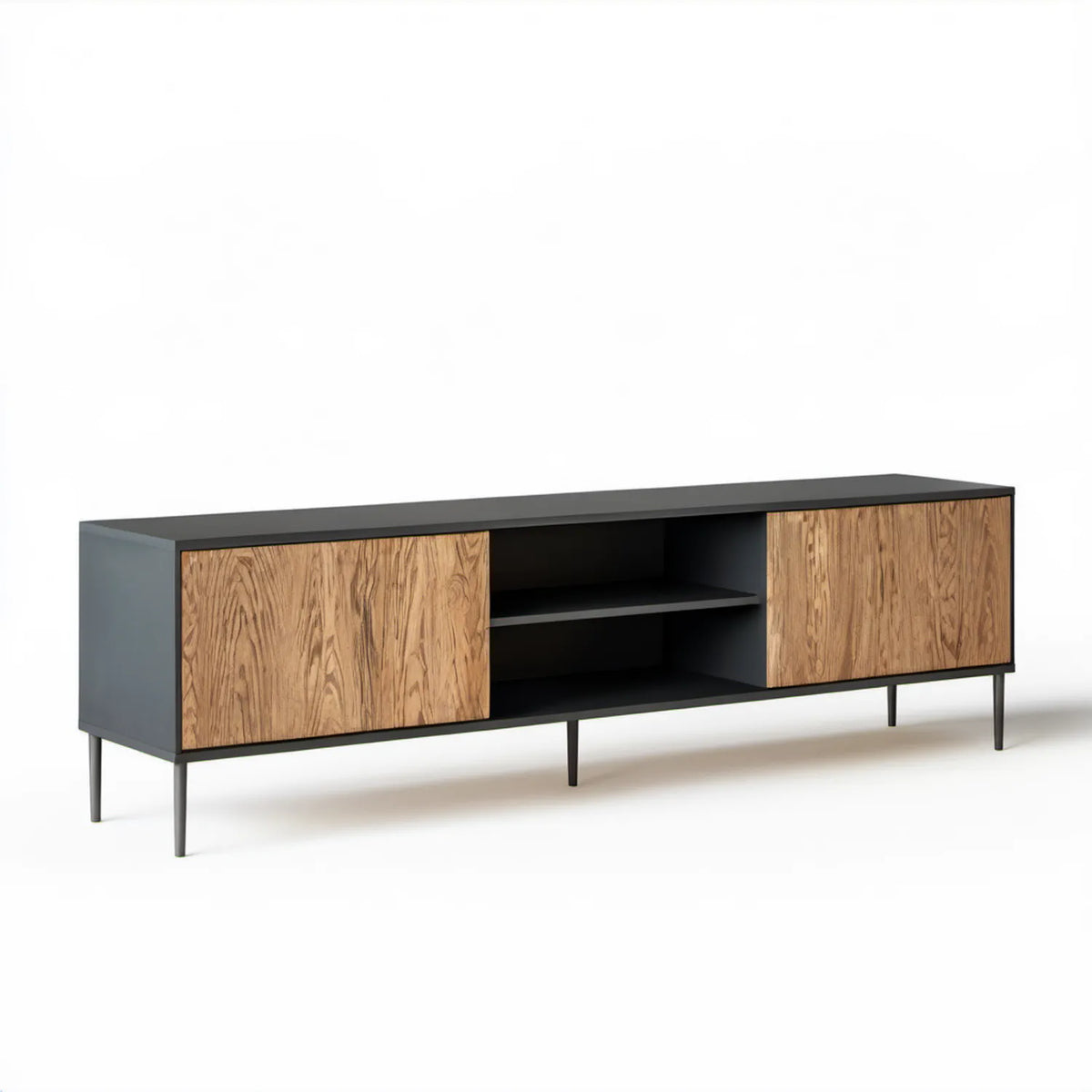 Szafka RTV 180 x 40 x 60 cm czarna z frontami w dekorze dębu