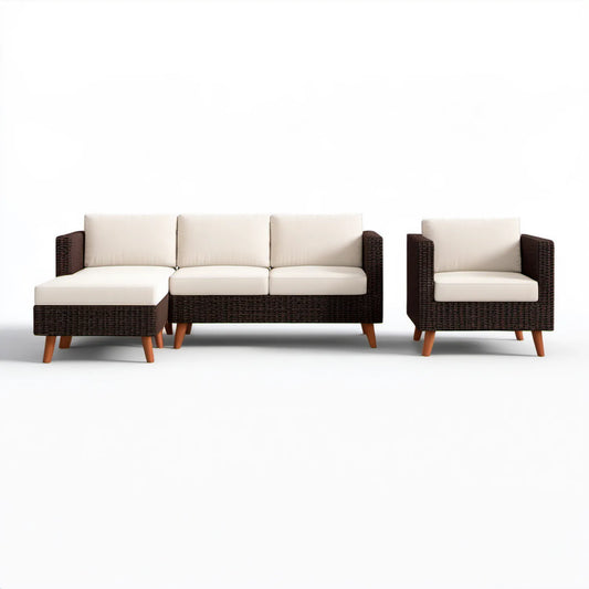 Brązowo-kremowy zestaw wypoczynkowy z technorattanu, sofa narożna 207 × 153 × 86 cm z fotelem