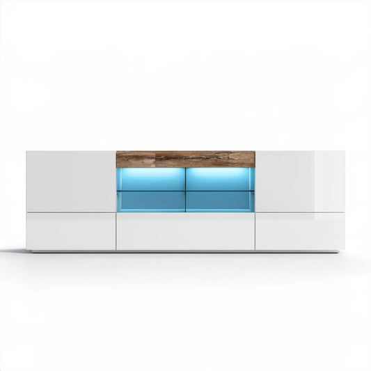 Szafka RTV z oświetleniem LED, biały połysk/dąb naturalny/niebieski, 200 × 40 × 80 cm