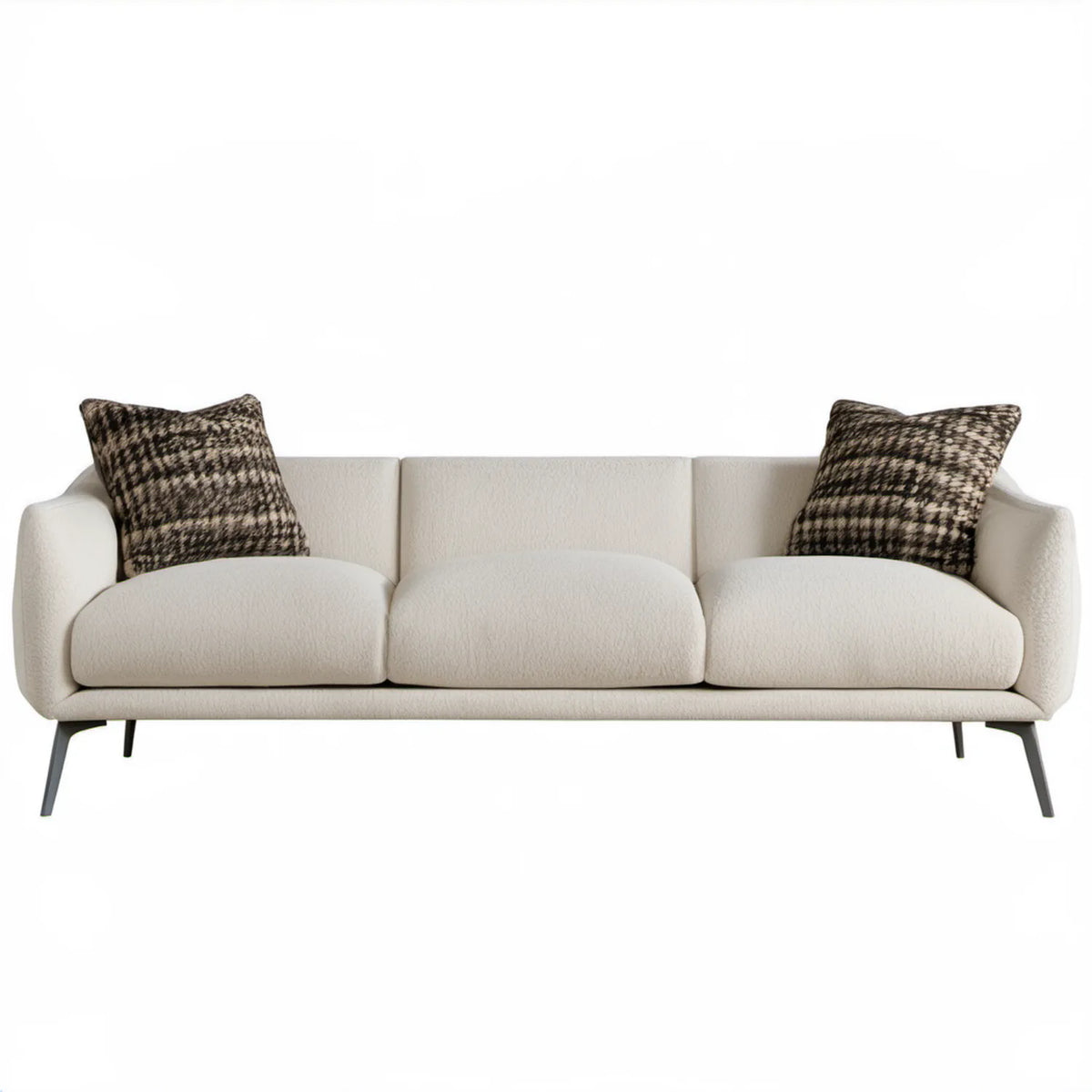Trzyosobowa sofa bouclé kremowa z poduszkami w czarno-beżową kratę 220 x 90 x 85 cm