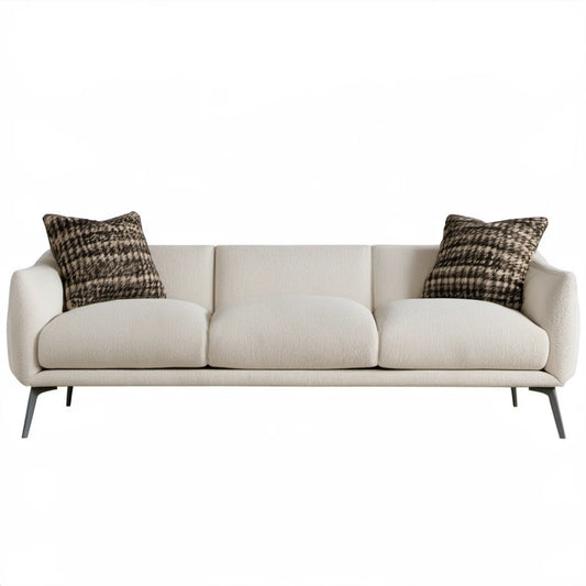 Trzyosobowa sofa bouclé kremowa z poduszkami w czarno-beżową kratę 220 x 90 x 85 cm