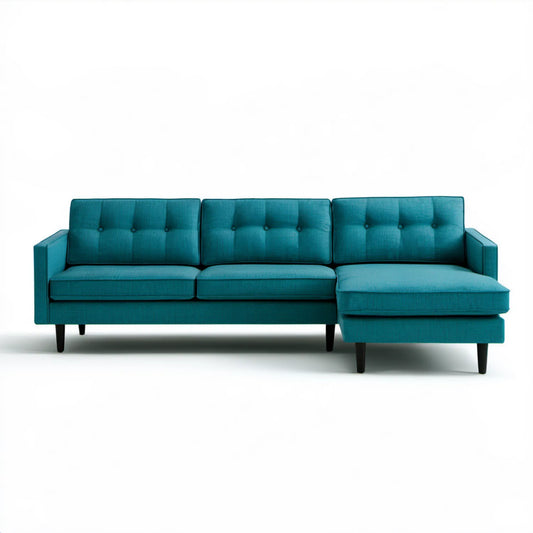 Turkusowa sofa narożna w kształcie L z prawostronnym szezlongiem, 250 x 155 x 85 cm