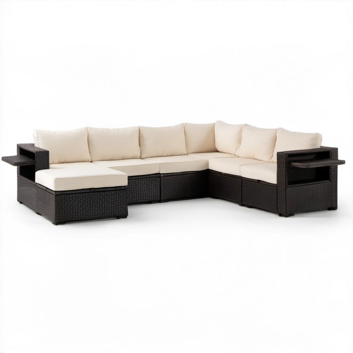 Modułowa narożna sofa ogrodowa z technorattanu PE, czarna/kremowa, 280 × 210 × 85 cm