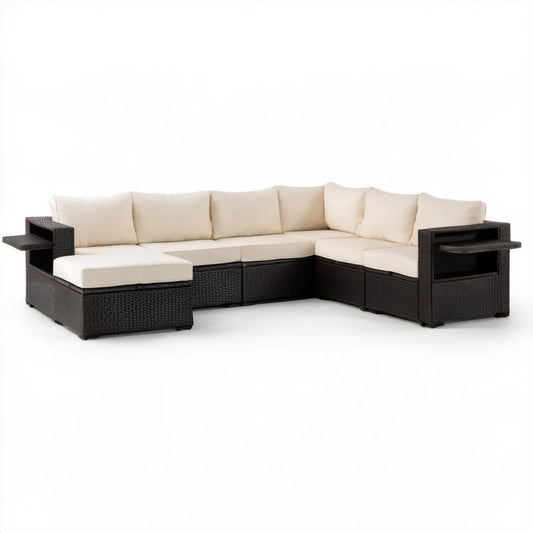 Modułowa narożna sofa ogrodowa z technorattanu PE, czarna/kremowa, 280 × 210 × 85 cm