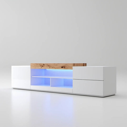 Szafka RTV biała matowa z dekorem dębu naturalnego i niebieskim oświetleniem LED, 200 x 40 x 50 cm