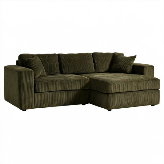 Oliwkowa sofa narożna 3-osobowa z prawym szezlongiem ze sztruksu 250 x 160 x 85 cm