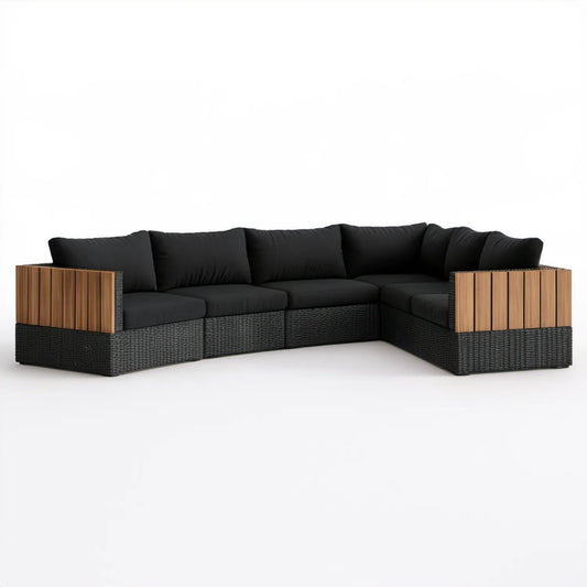 Modułowy narożnik ogrodowy z technorattanu i drewna akacjowego Czarny/Brązowy 250 x 250 x 70 cm