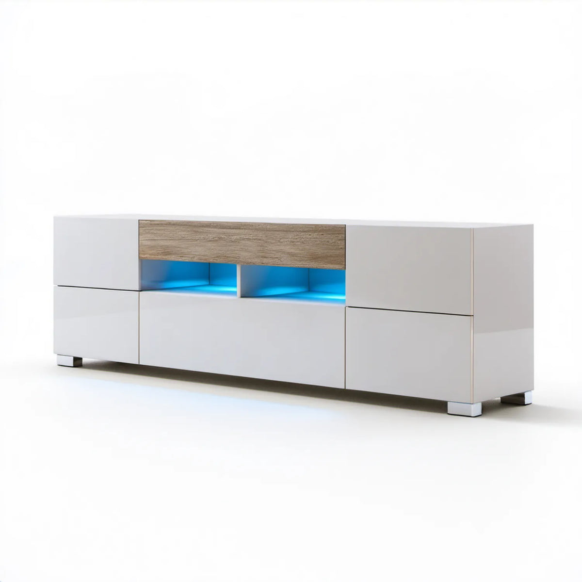 Szafka RTV z płyty laminowanej Biała/Dąb z niebieskim oświetleniem LED, 200 x 40 x 70 cm