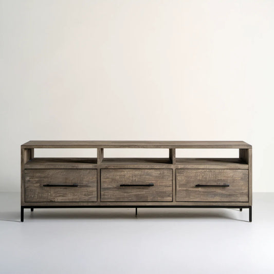 Brązowo-czarna szafka RTV z litego drewna mango 180 x 40 x 60 cm, 3 szuflady