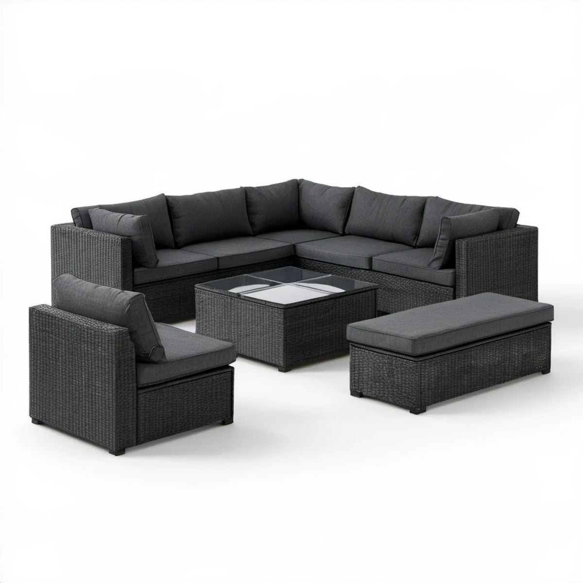 Ogrodowy zestaw wypoczynkowy z technorattanu PE, grafitowy z ciemnoszarymi poduszkami, sofa 250 × 190 × 65 cm