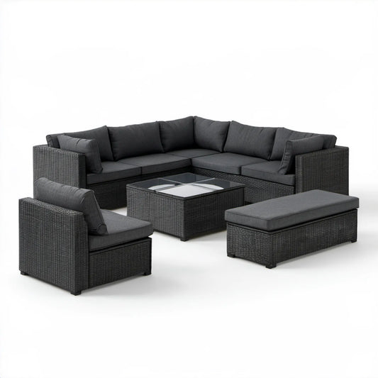 Ogrodowy zestaw wypoczynkowy z technorattanu PE, grafitowy z ciemnoszarymi poduszkami, sofa 250 × 190 × 65 cm