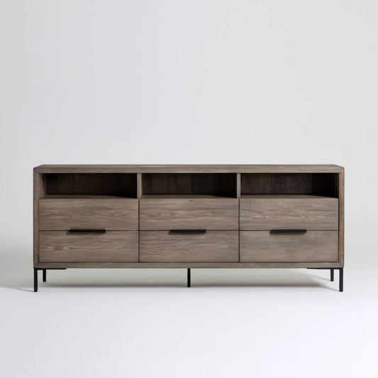 Szafka RTV z fornirem dębowym szarobrązowa z czarnymi detalami, 180 × 40 × 75 cm