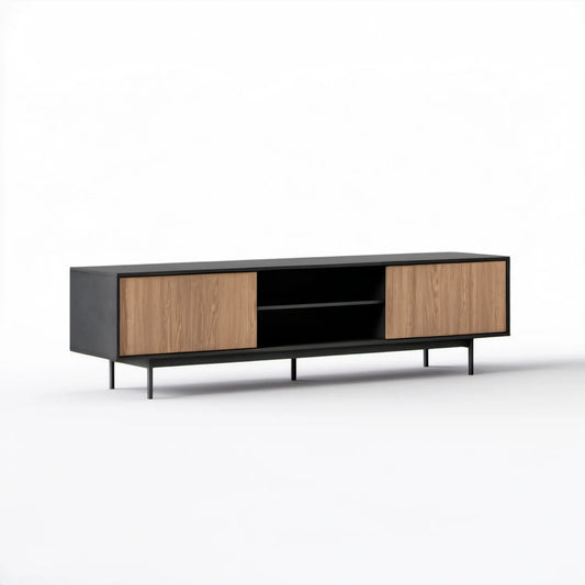 Szafka RTV 180 x 40 x 55 cm czarna z dekorem dębu, drzwi przesuwne