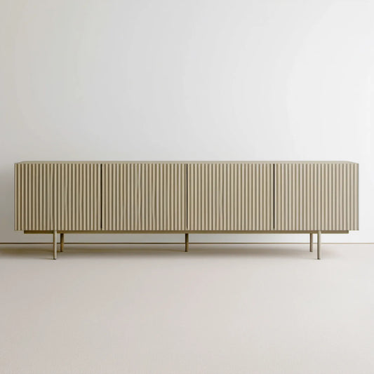 Beżowa szafka RTV z ryflowanymi frontami MDF, 200 x 40 x 70 cm