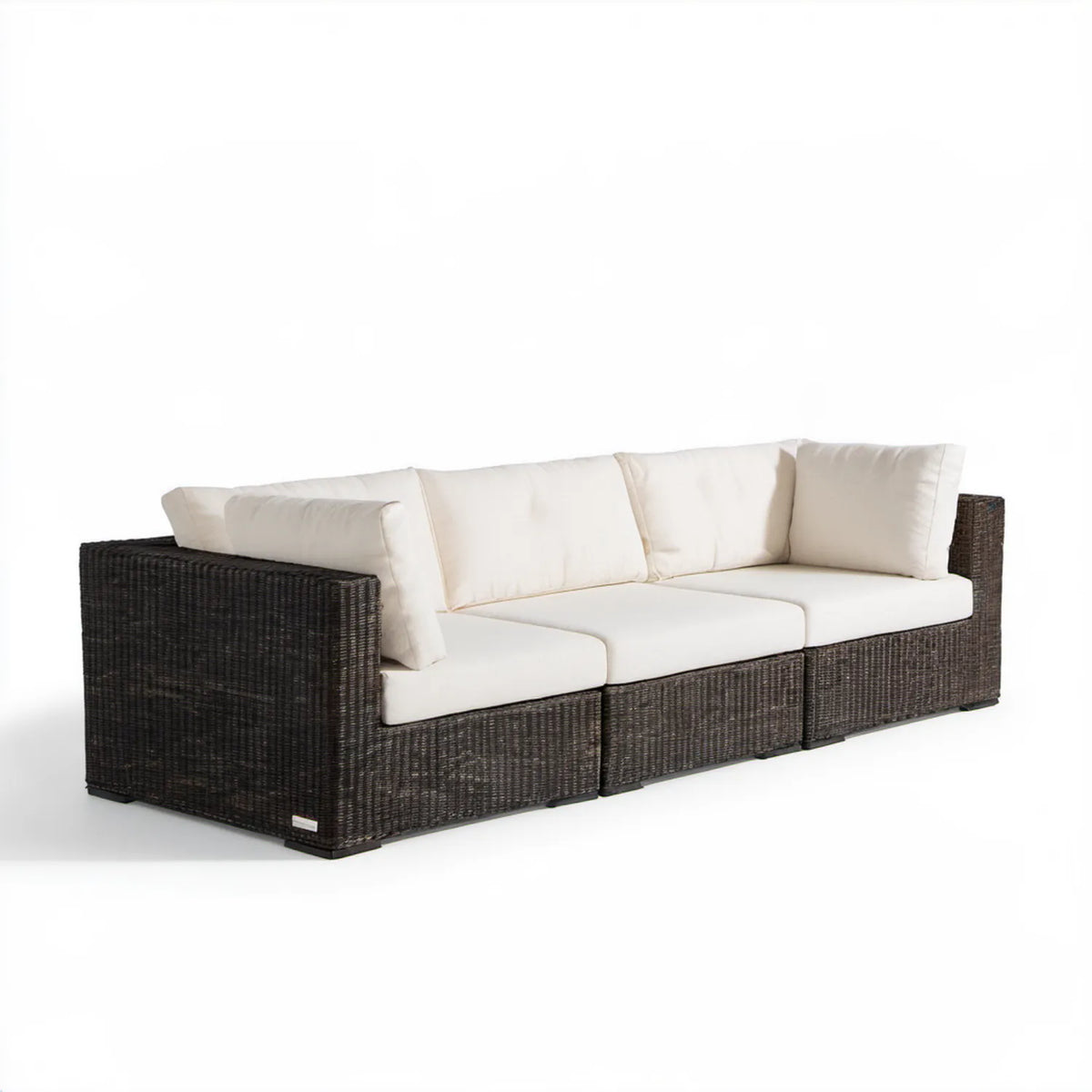 3-osobowa sofa ogrodowa z technorattanu PE, ciemnobrązowa z kremowymi poduszkami, 220 x 85 x 70 cm