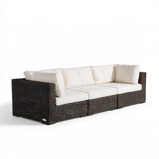 3-osobowa sofa ogrodowa z technorattanu PE, ciemnobrązowa z kremowymi poduszkami, 220 x 85 x 70 cm